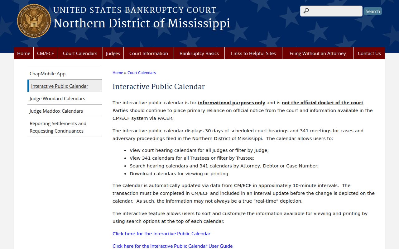 Mississippi court-calendar comparison with a separate federal bankruptcy calendar