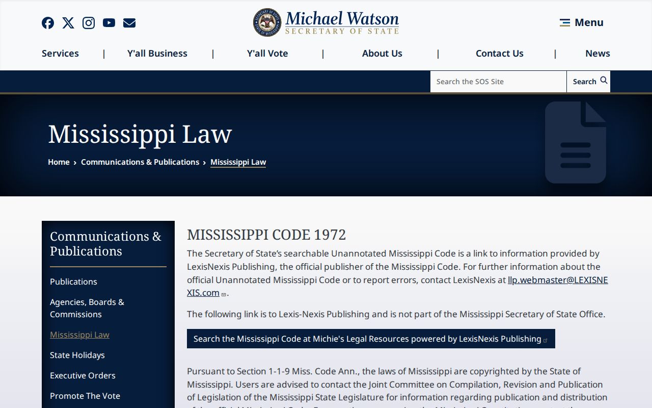 Mississippi court record fee statutes on the official code access page
