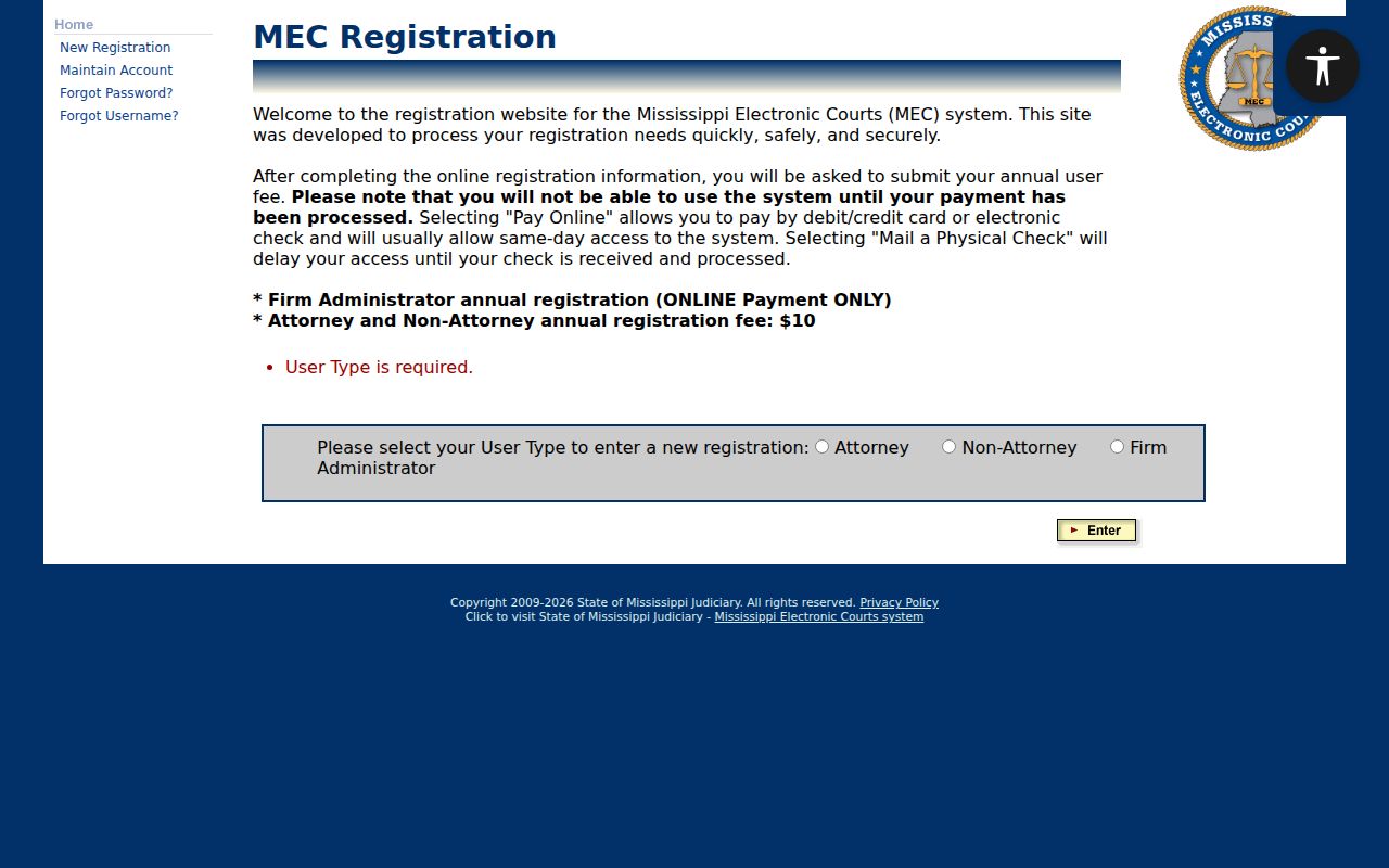 Mississippi court docket access through PAMEC registration